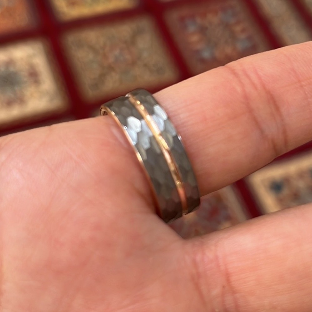 Rose Gold 8mm Tungsten Wedding Band hammer cut - Picture 3 of 15
